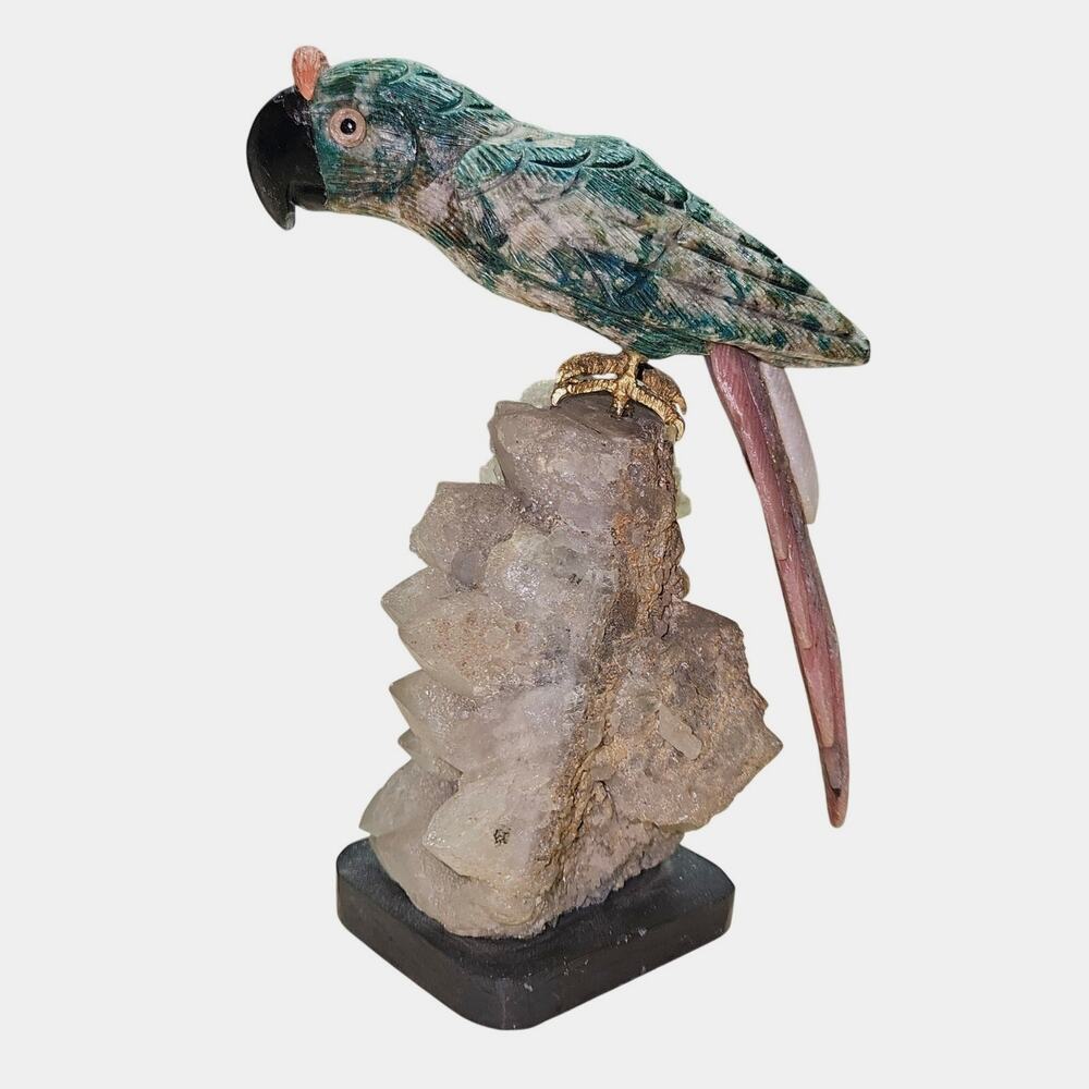 Hand Carved Gemstone Parrot Sculpture on Clear Quartz Cluster Base, Vintage